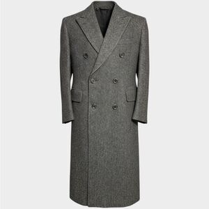 Double Breasted Vintage Mens Overcoat 38L TWEED WOOL Gray Coat Topcoat USA Made